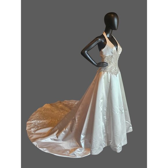 NWOT - Pearl Satin Halter Beaded Basque Waist Wedding Gown - Allure Bridal - Picture 3 of 12